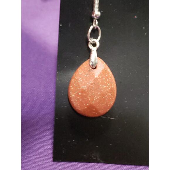 Goldstone Dangle Earrings Teardrop Shape Sparkly Reddish Brown Color Silver Tone - Picture 2 of 7